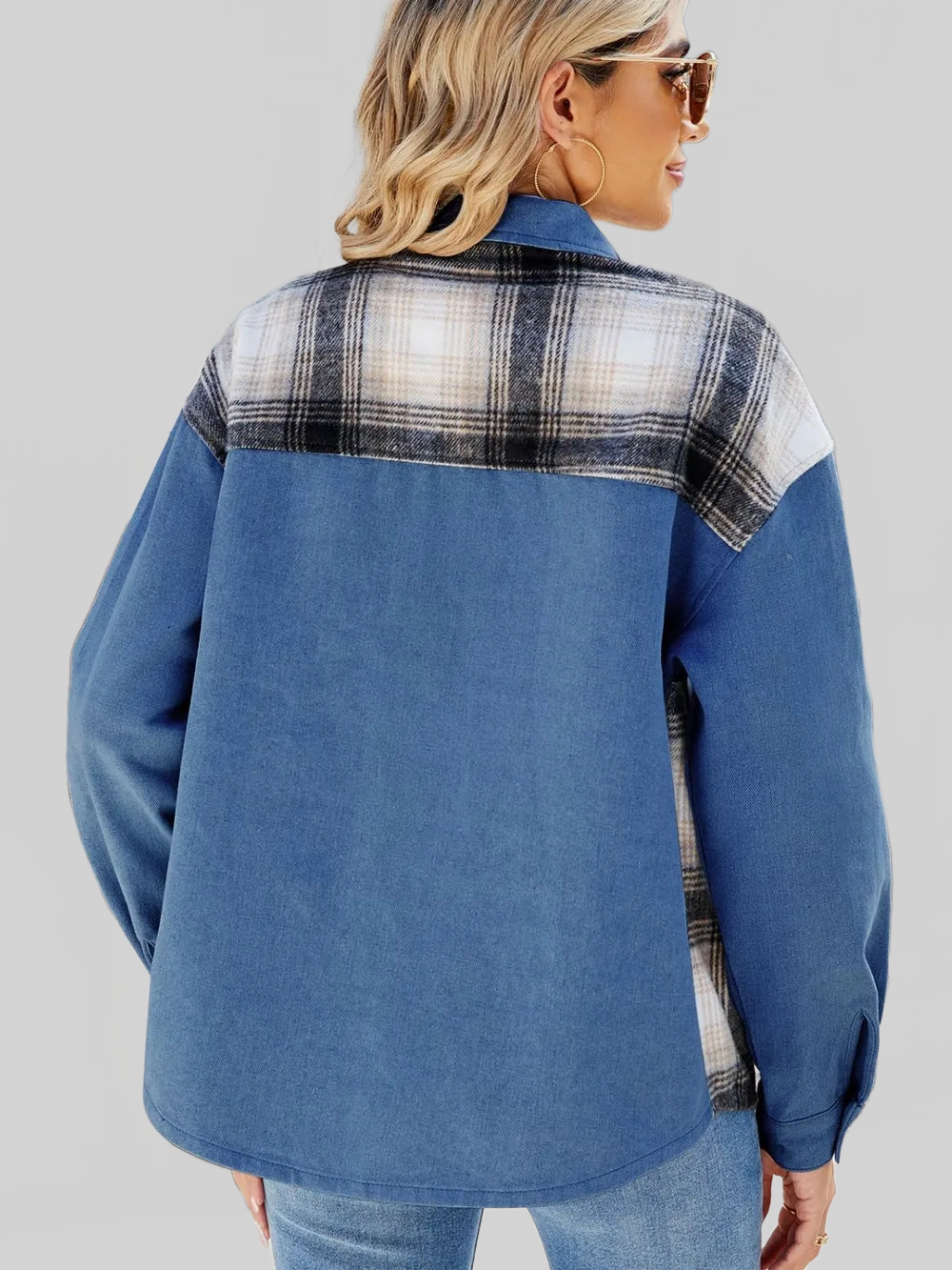 Plaid Button Up Long Sleeve Denim Jacket nicholesgifts