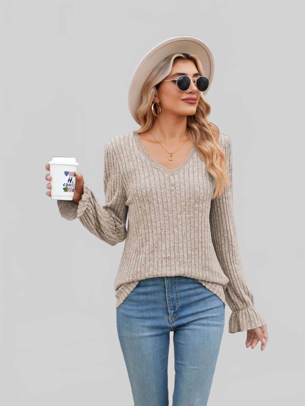 Lace Detail V-Neck Long Sleeve T-Shirt NicholesGifts