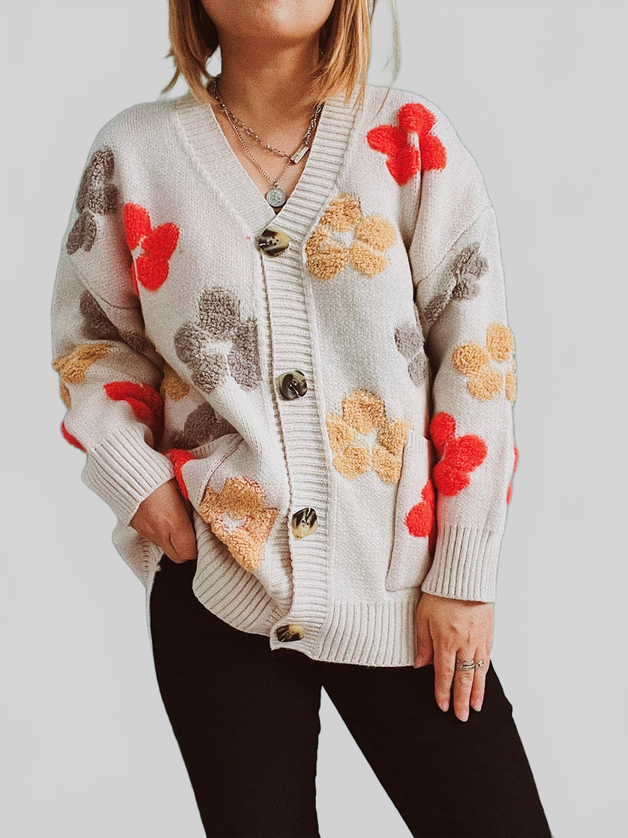 Women Floral V-Neck Button Up Cardigan with Pockets nicholesgifts