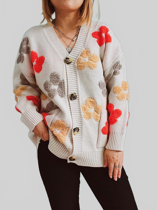 Women Floral V-Neck Button Up Cardigan with Pockets nicholesgifts