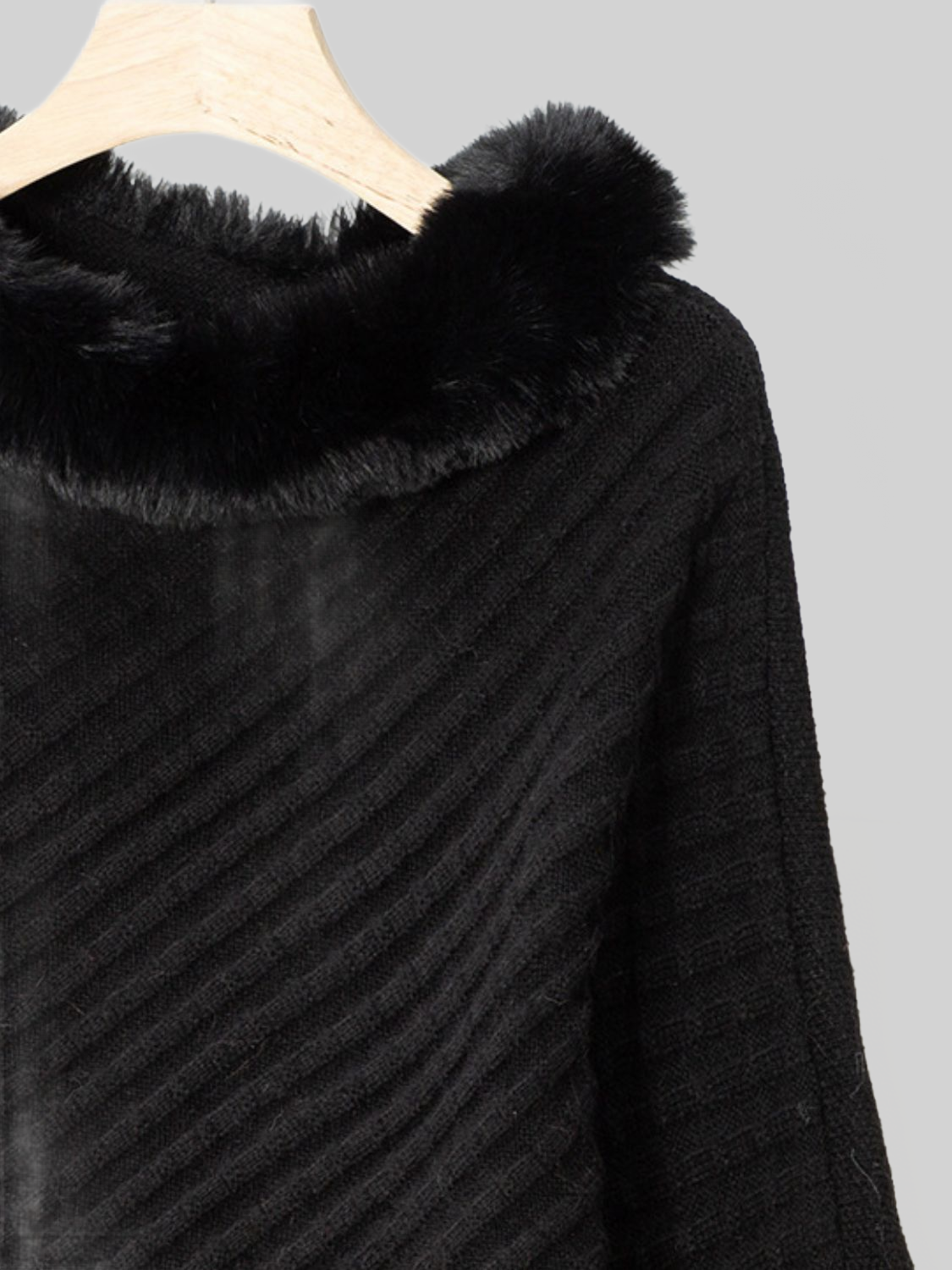 Women Fuzzy Trim Texture Three-Quarter Sleeve Poncho nicholesgifts