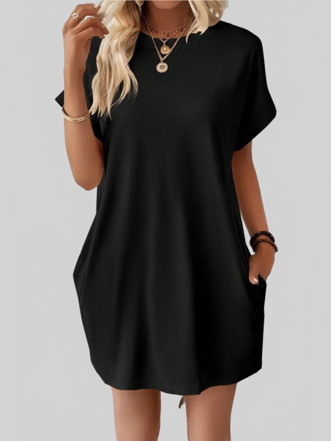 Women Pocketed Round Neck Short Sleeve Dress NicholesGifts