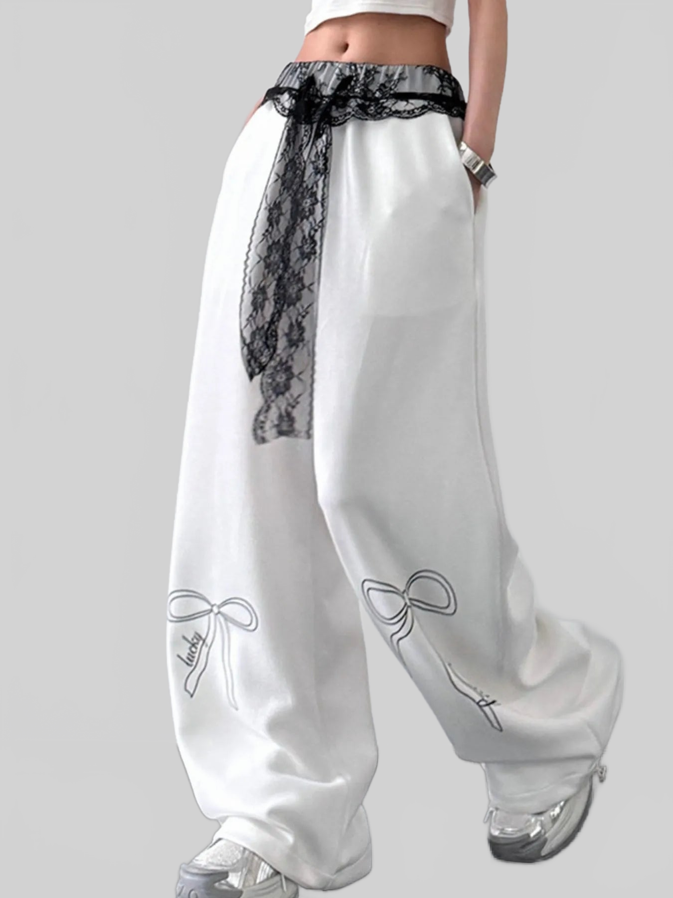 Women Wide Leg Pants with Lace Belt Detail nicholesgifts