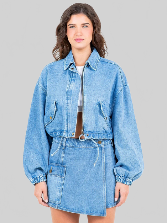American Bazi Drawstring Waist Crop Denim Jacket nicholesgifts