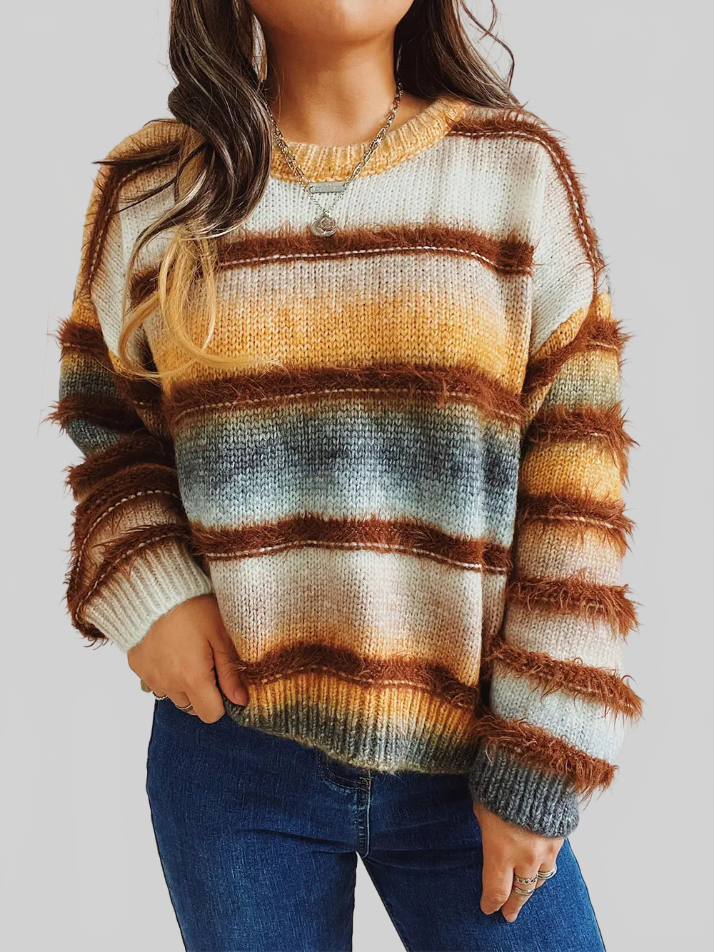 Women Striped Round Neck Long Sleeve Pullover Sweater nicholesgifts