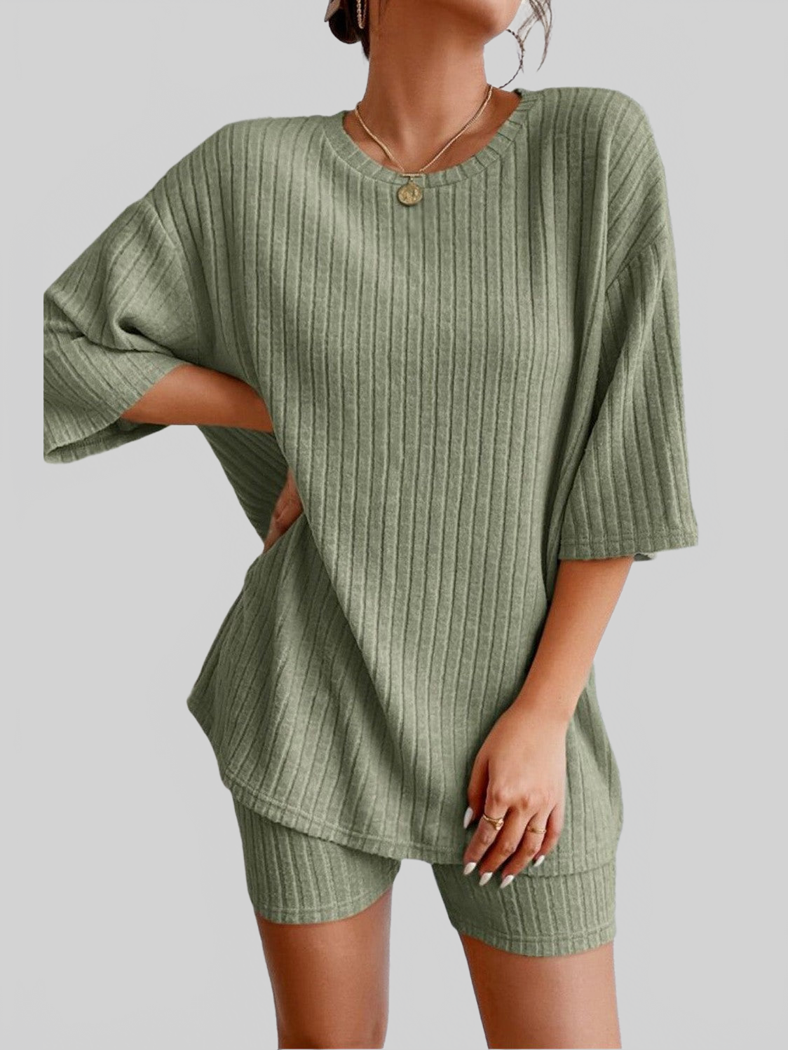 Round Neck Ribbed Top and Shorts Lounge Set nicholesgifts