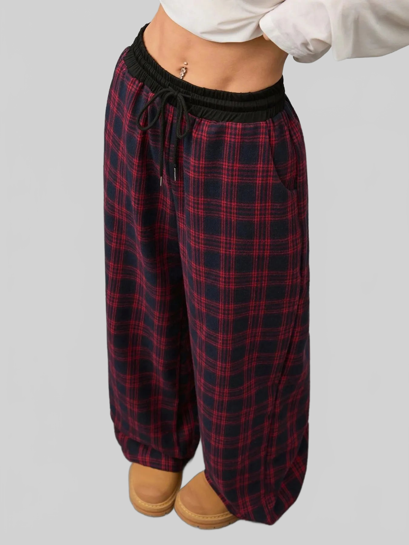 Women Plaid Wide Leg Pants with Drawstring Waist nicholesgifts