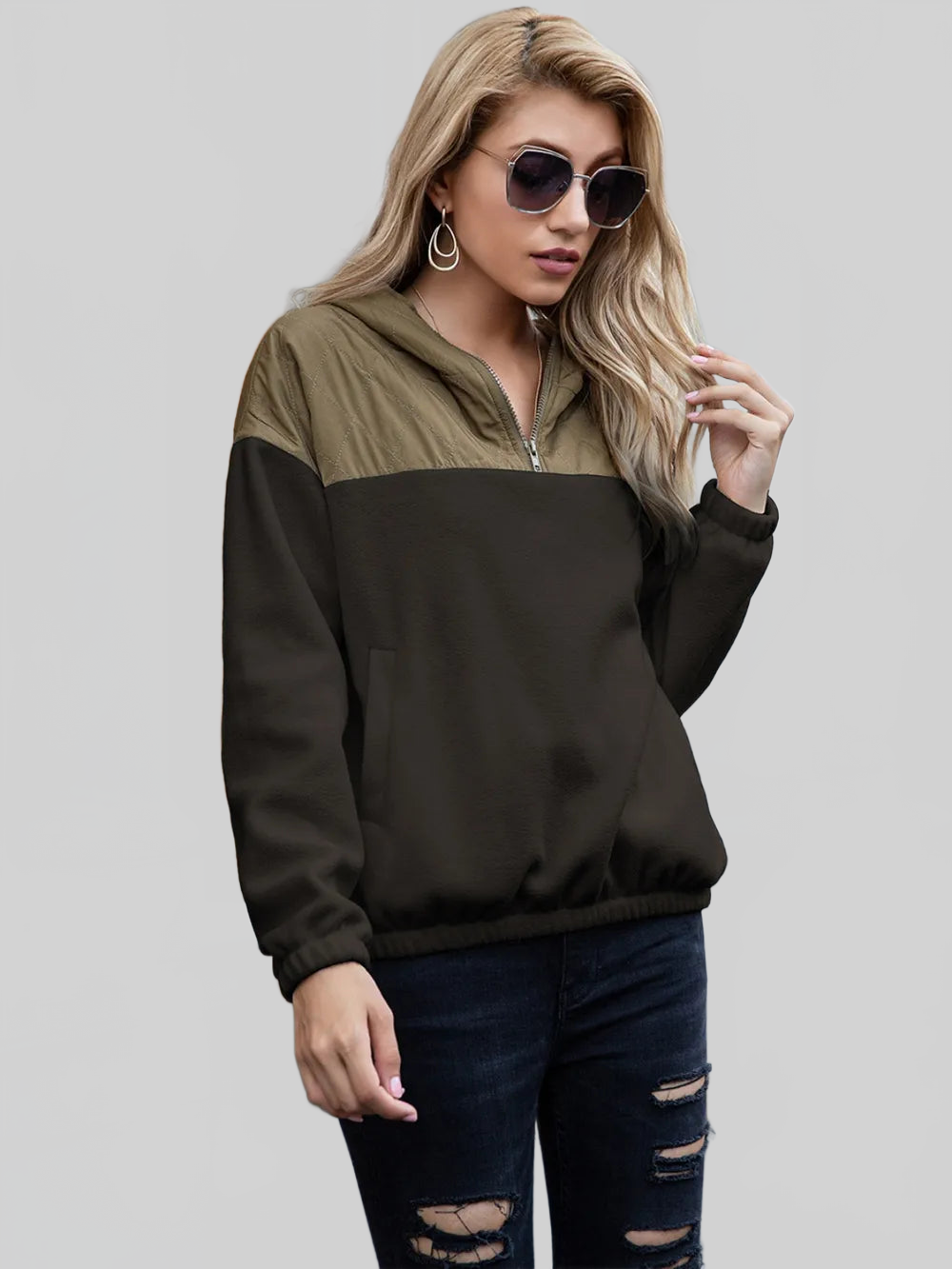 Ivy Lane Pocketed Color Block Quarter Zip Hoodie NicholesGifts