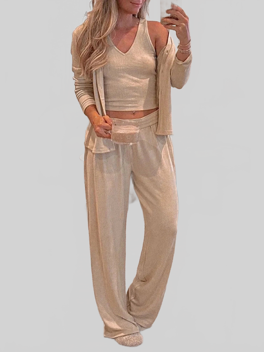 V-Neck Tank, Open Front Cardigan and Pants Lounge Set nicholesgifts