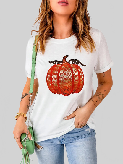 Full Size Sequin Pumpkin Round Neck Short Sleeve T-Shirt nicholesgifts