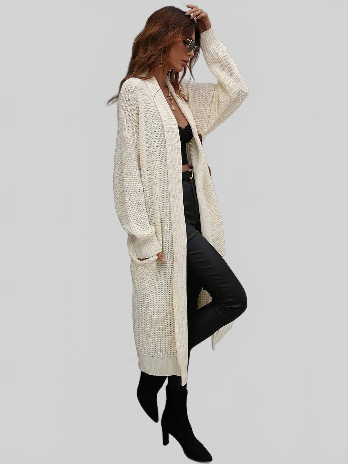 Waffle Knit Open Front Duster Cardigan With Pockets nicholesgifts