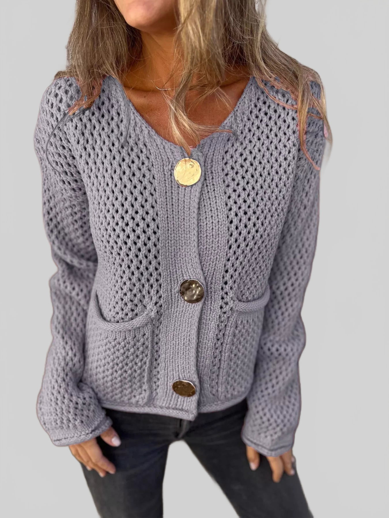 Crochet Button Up Long Sleeve Cardigan nicholesgifts