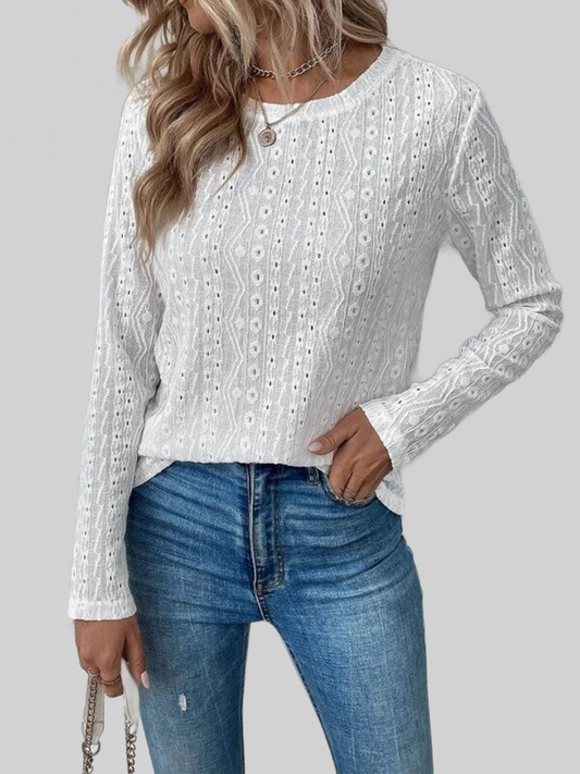 Women Eyelet Round Neck Long Sleeve Blouse NicholesGifts