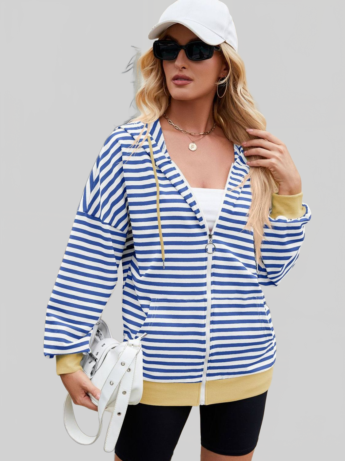 Women Drawstring Striped Zip Up Long Sleeve Hoodie nicholesgifts