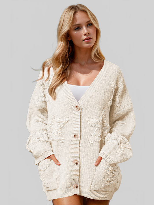 Women Double Take Full Size Button Up Star Pattern Cardigan Sweate nicholesgifts