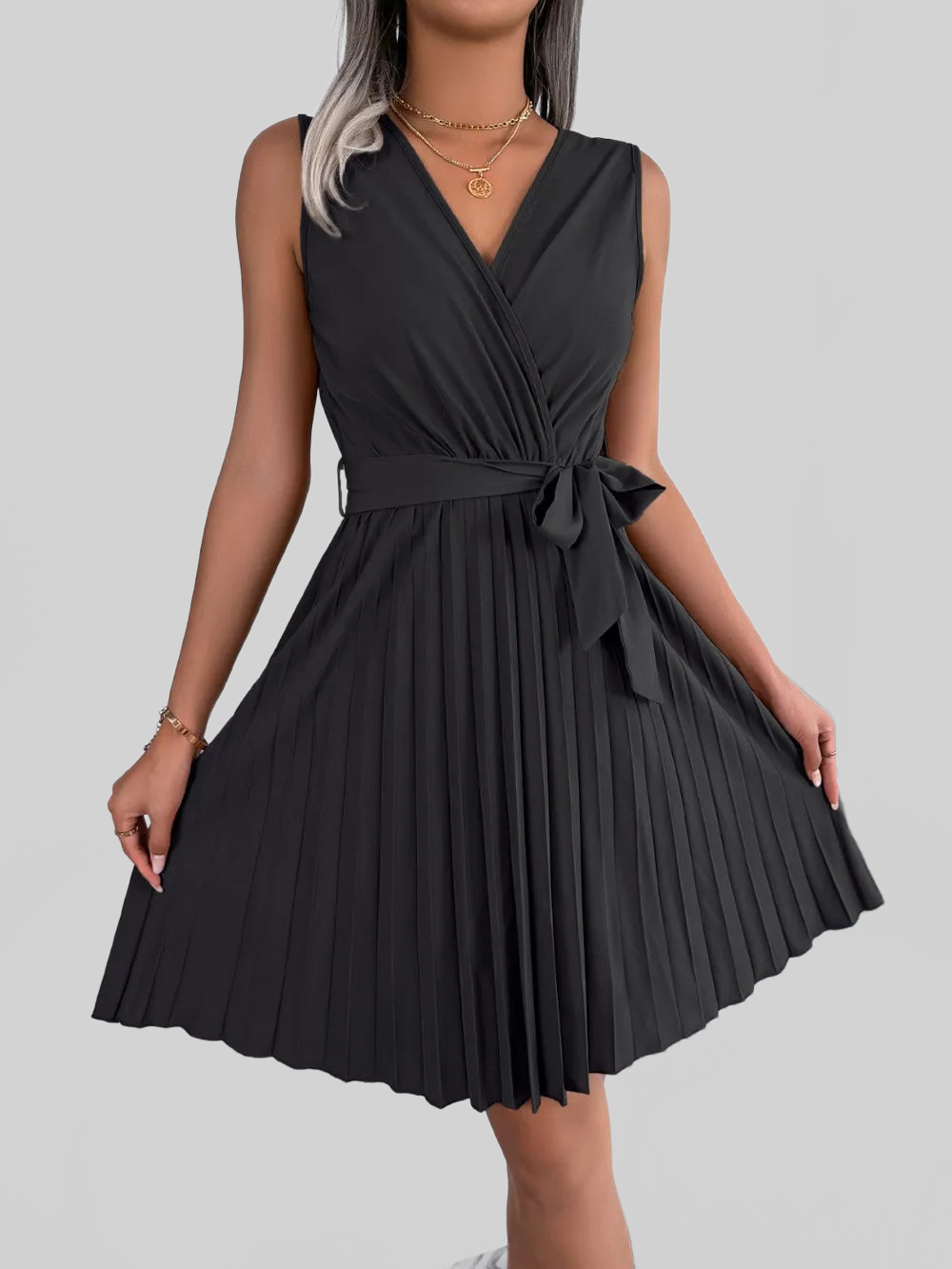 Tied Surplice Sleeveless Pleated Dress nicholesgifts