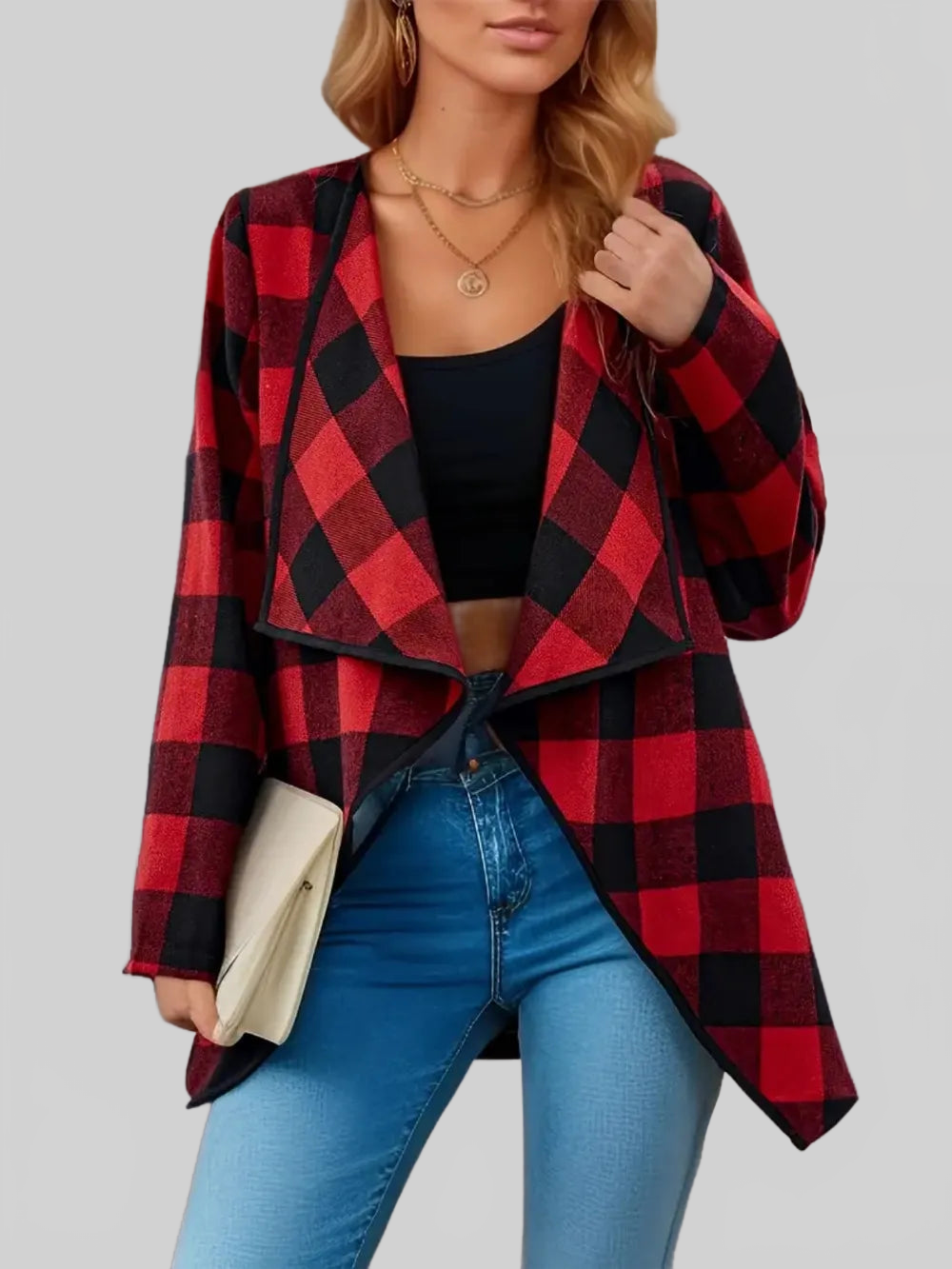 Plaid Open Front Long Sleeve Jacket nicholesgifts