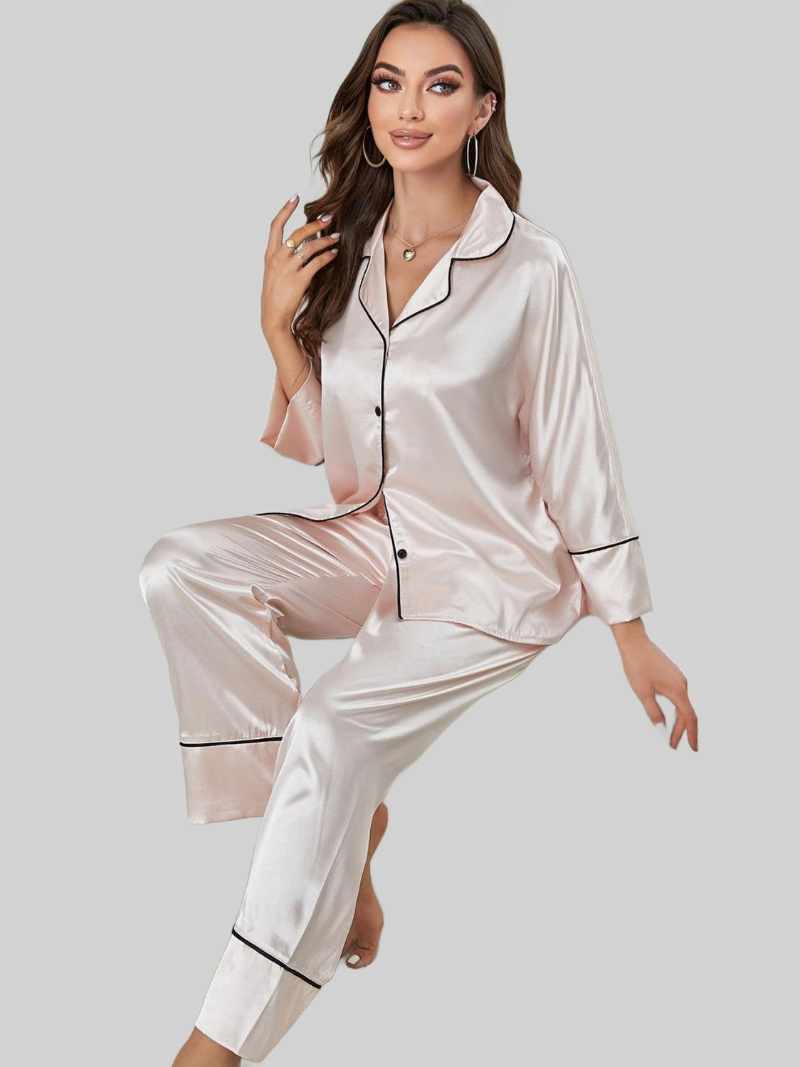 Contrast Piping Button-Up Top and Pants Pajama Set nicholesgifts