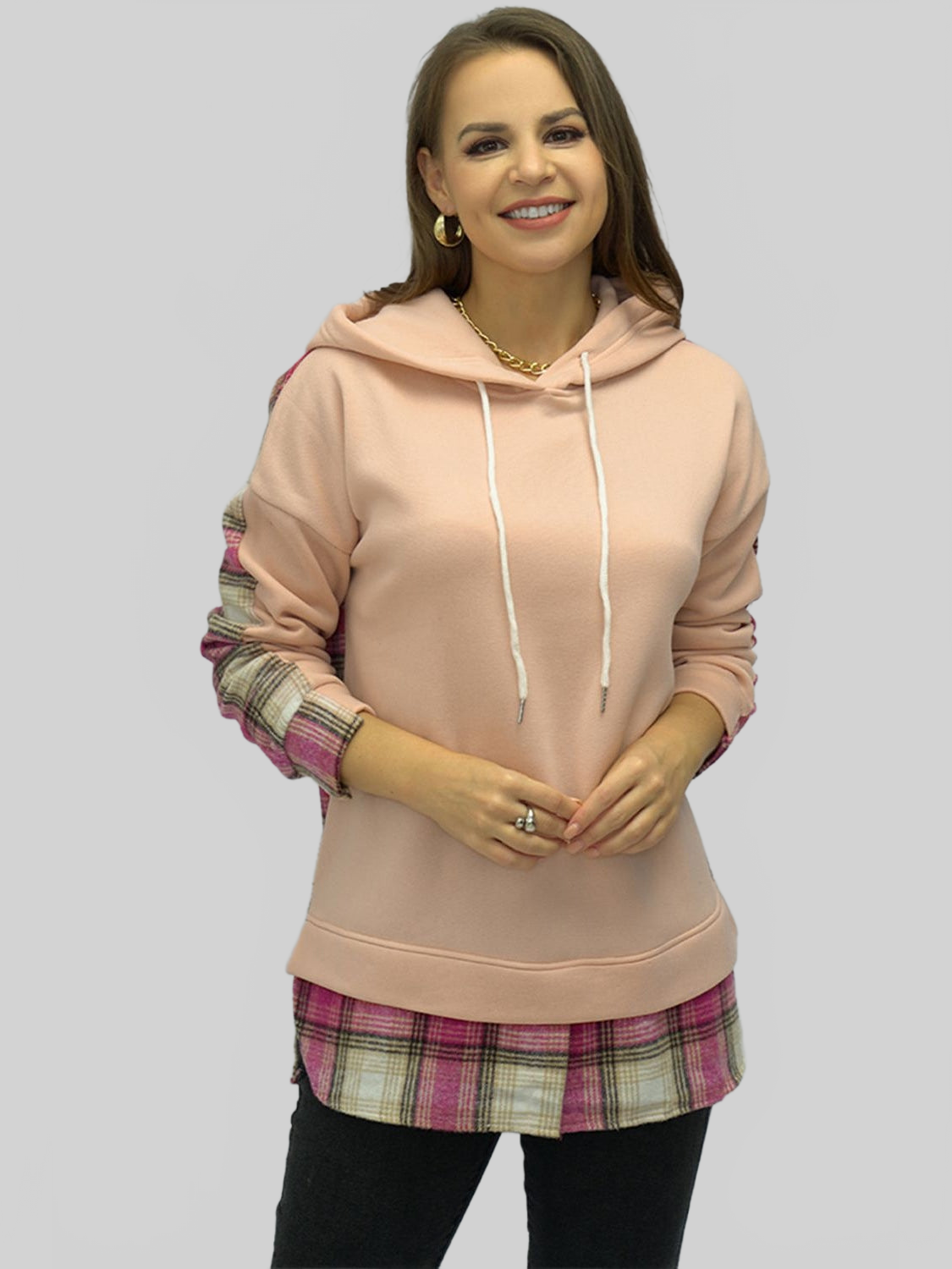 NicholesGifts Women Shiny Plaid Drawstring Drop Shoulder Slit Hoodie NicholesGifts