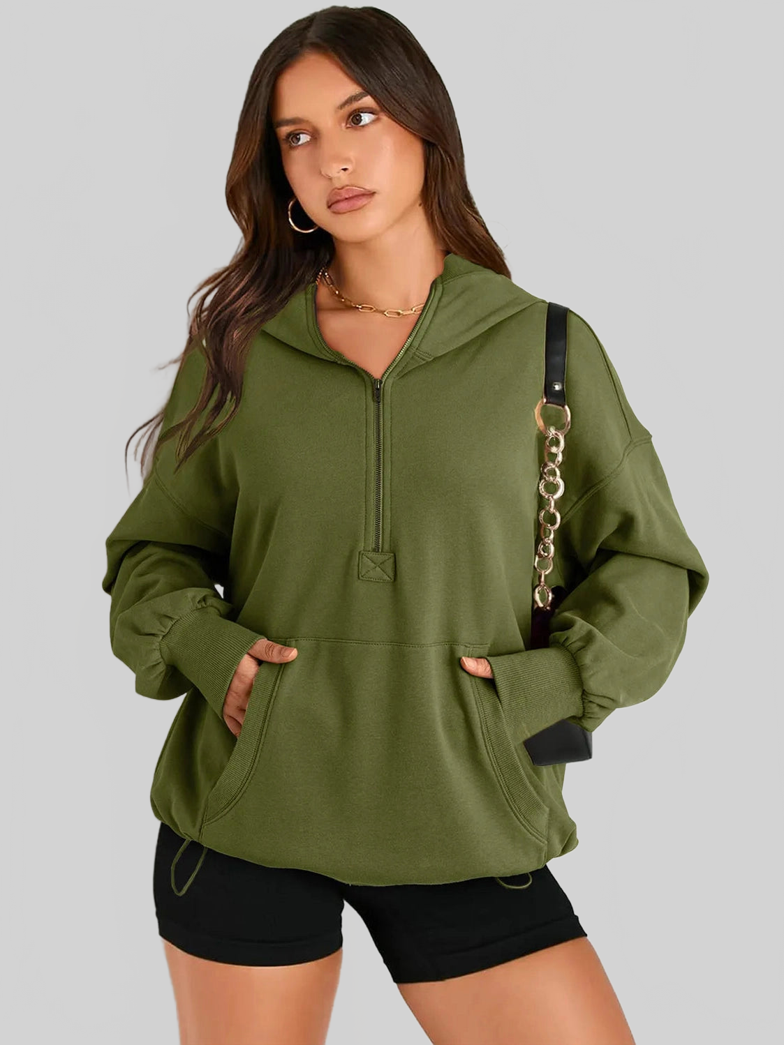 Pocketed Half Zip Long Sleeve Hoodie NicholesGifts