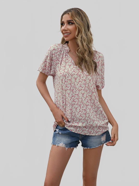 Women Floral Notched Short Sleeve Blouse nicholesgifts
