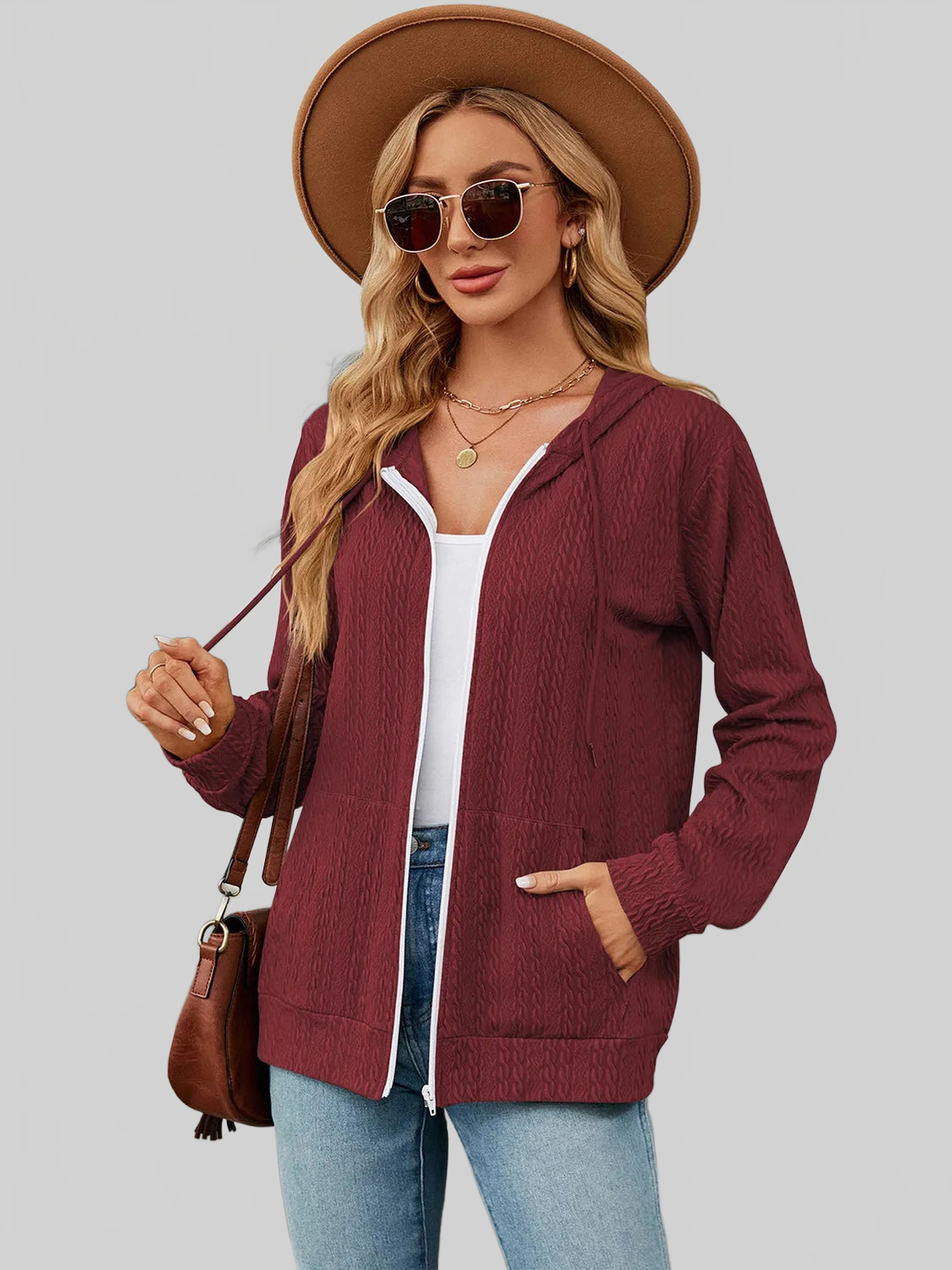 Drawstring Zip Up Long Sleeve Hoodie NicholesGifts