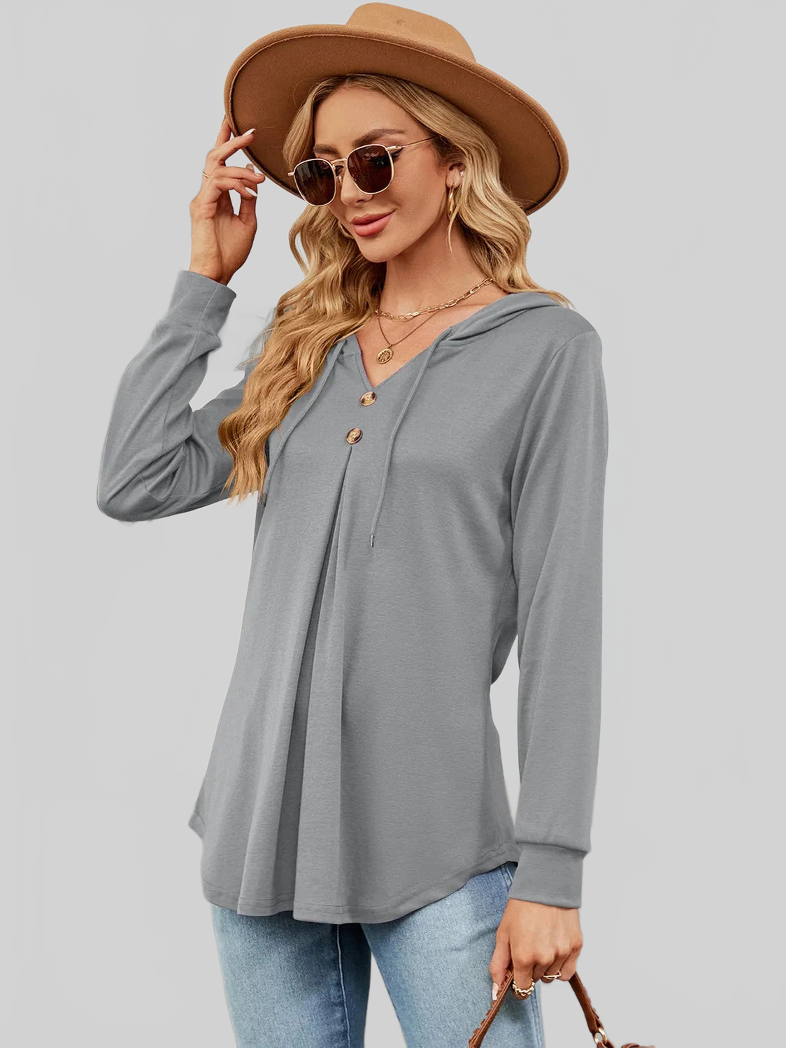 Decorative Button Drawstring Long Sleeve Hoodie NicholesGifts