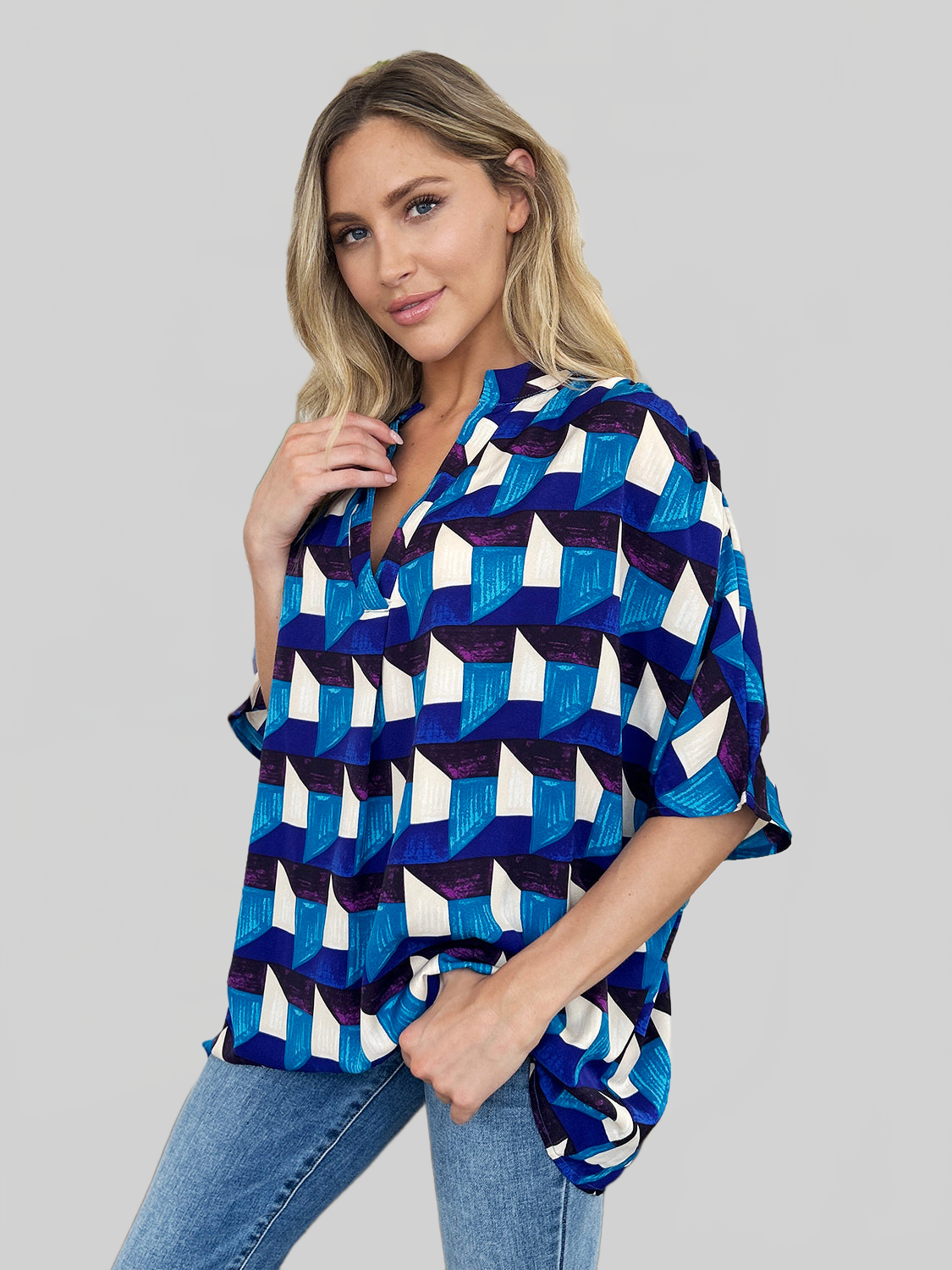 Women Double Take Full Size Geometric Notched Half Sleeve Blouse nicholesgifts