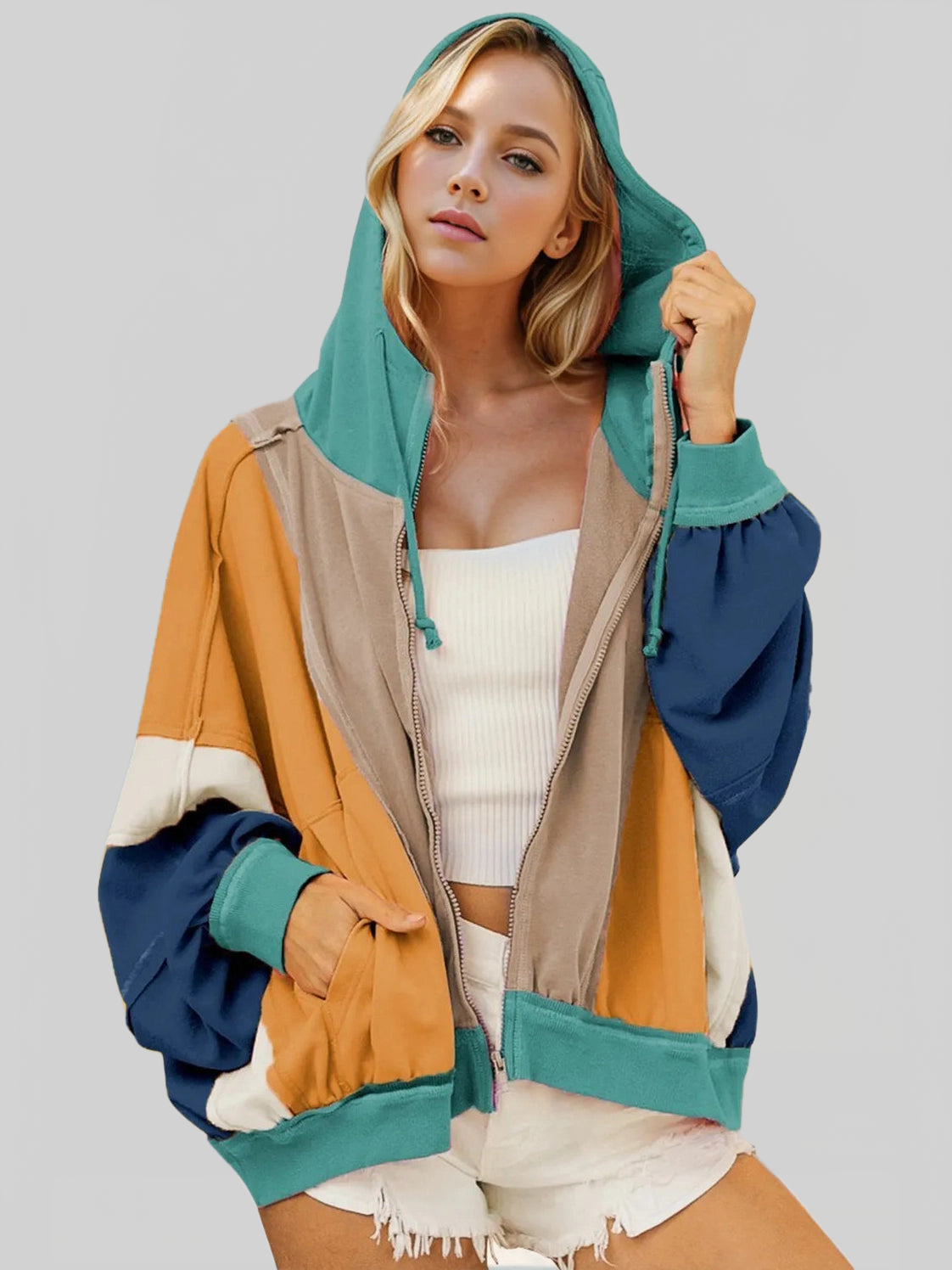 Women Double Take Full Size Color Block Zip Up Hoodie NicholesGifts