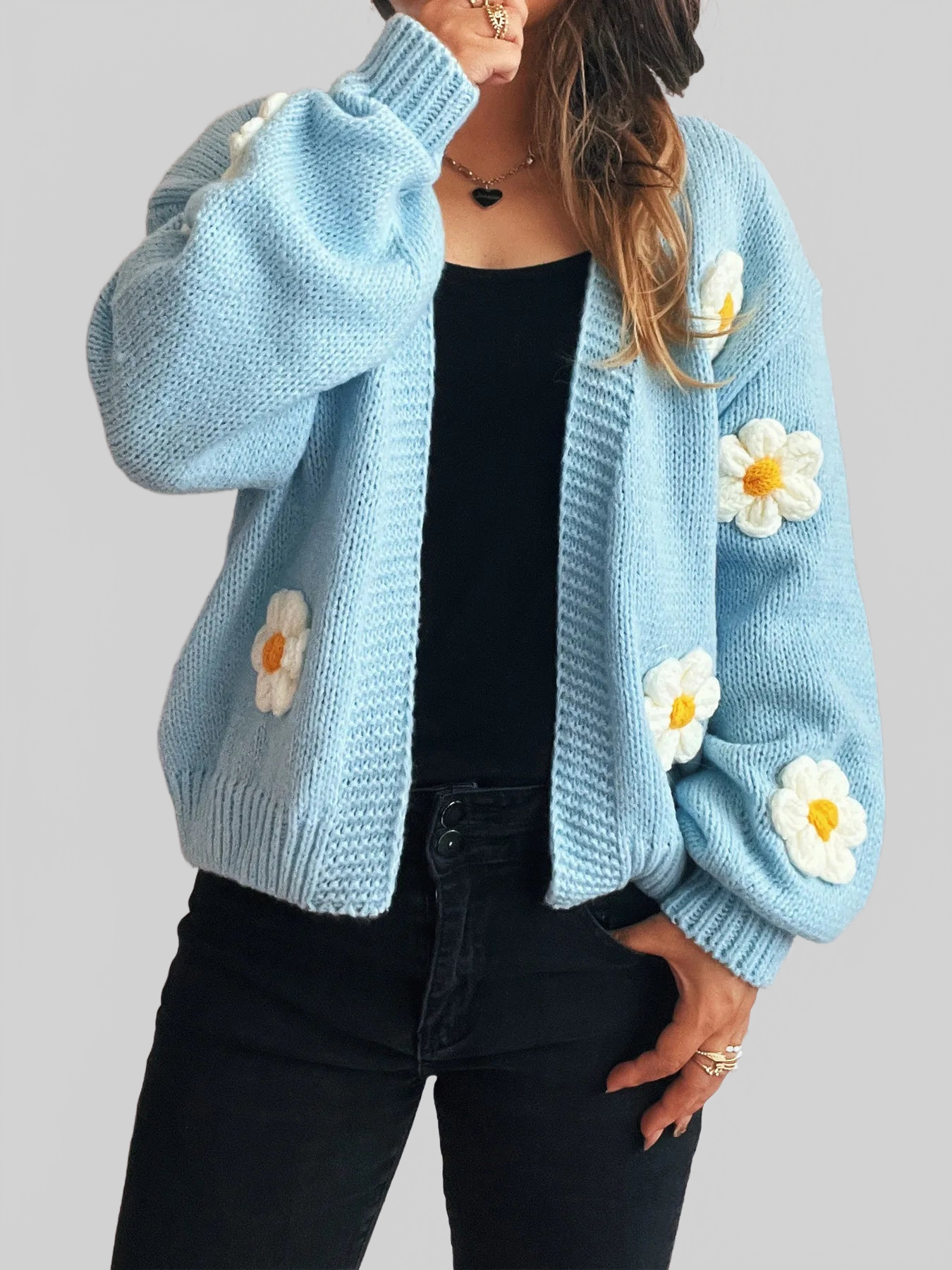 Flower Open Front Long Sleeve Cardigan nicholesgifts