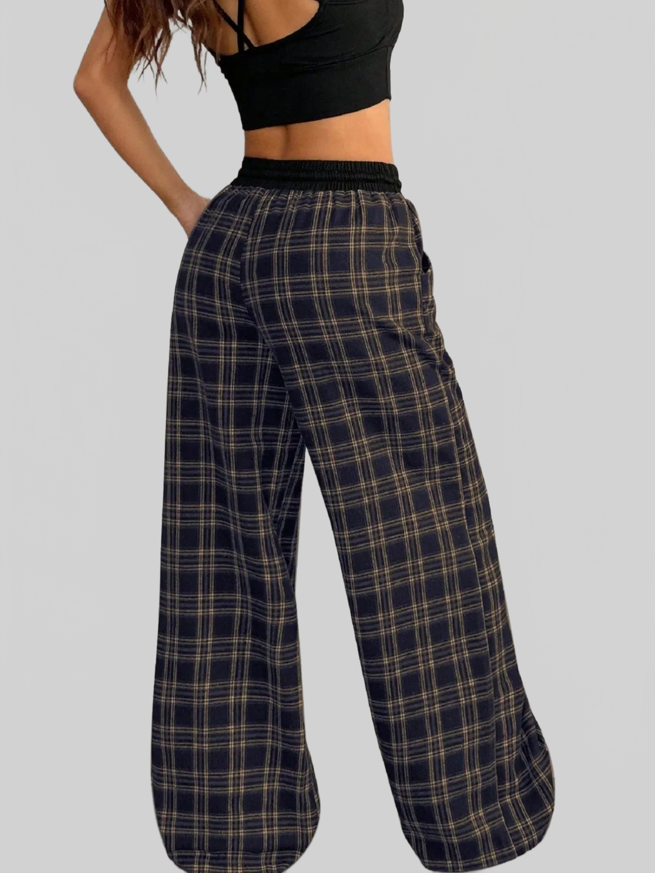 Women Plaid Wide Leg Pants with Drawstring Waist nicholesgifts