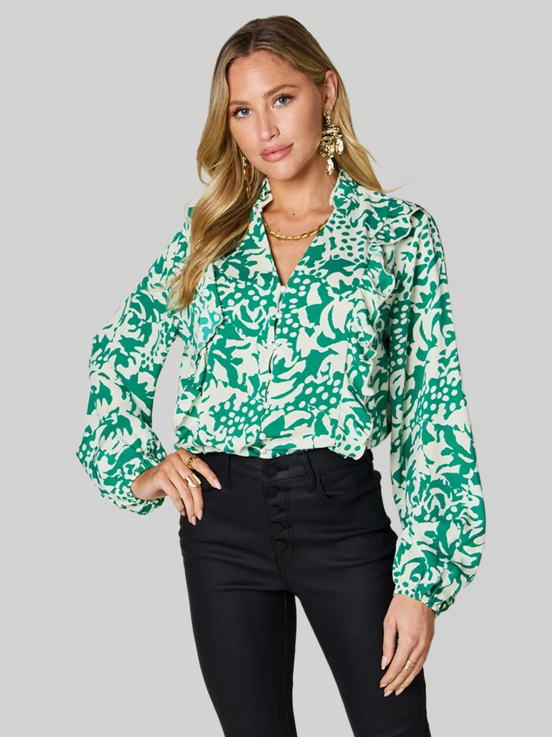 Women Double Take Full Size Printed Ruffle Trim Balloon Sleeve Shirt NicholesGifts