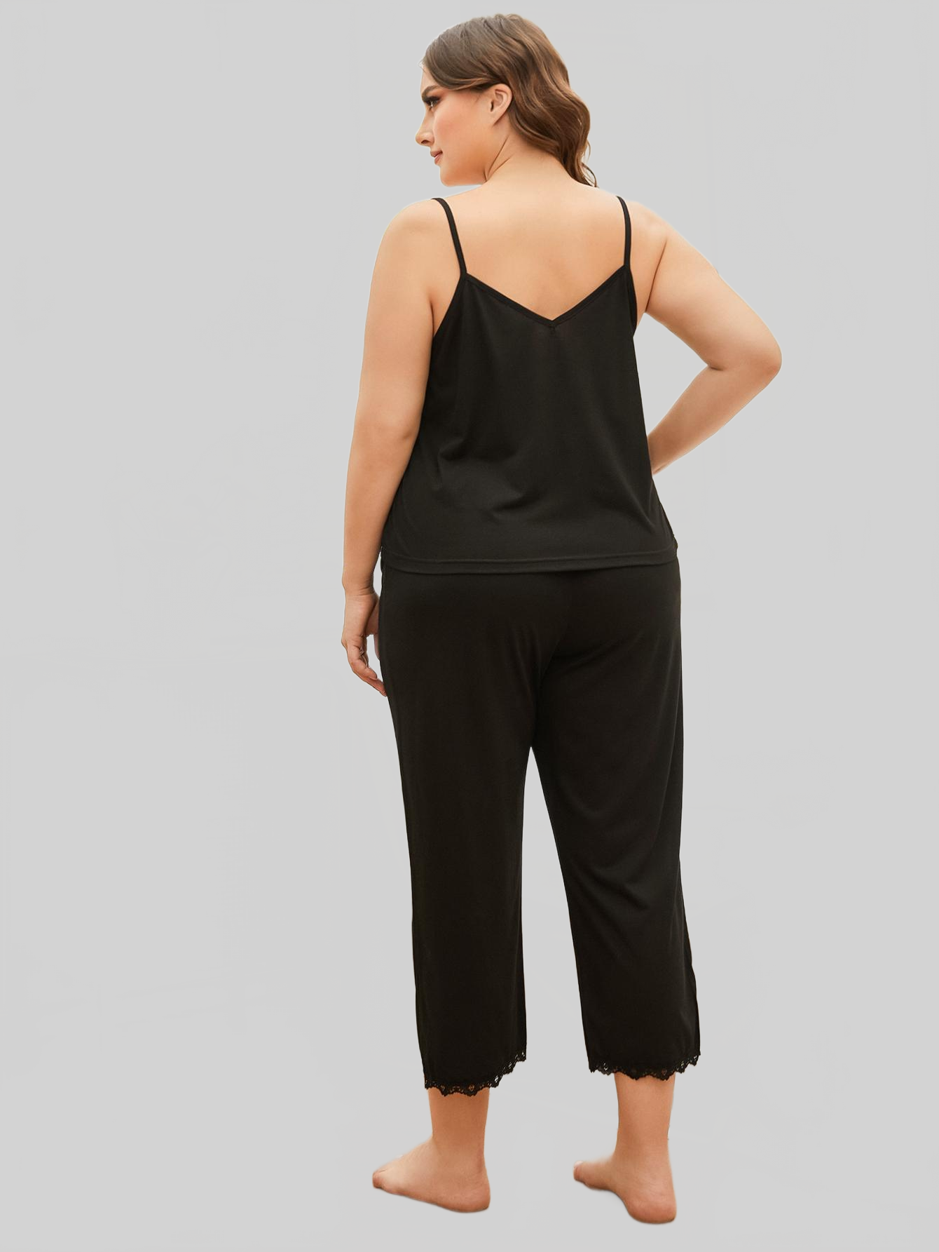 Plus Size Lace Trim Slit Cami and Pants Pajama Set nicholesgifts