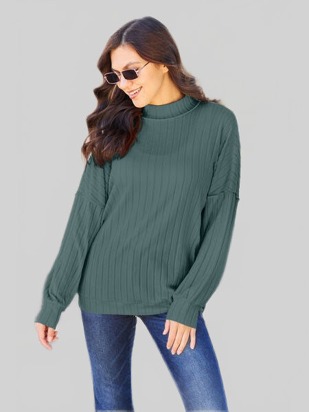 Women Basic Full Size Ribbed Exposed Seam Mock Neck Knit Top NicholesGifts