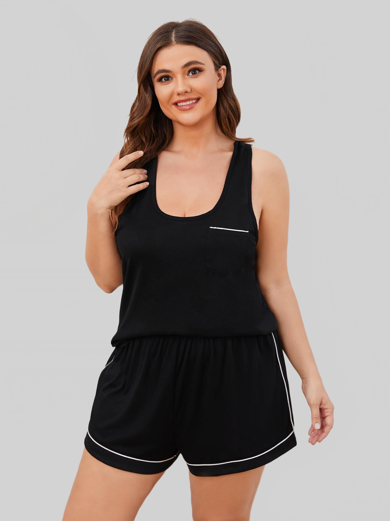 Plus Size Contrast Piping Racerback Tank and Shorts Lounge Set nicholesgifts