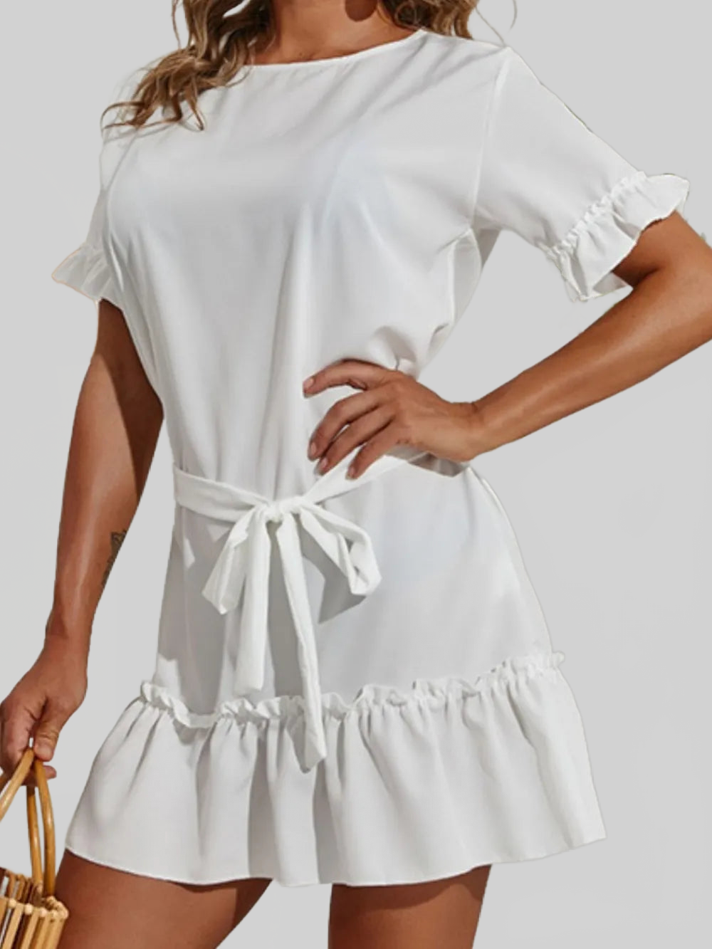 Tied Frill Short Sleeve Mini Dress nicholesgifts
