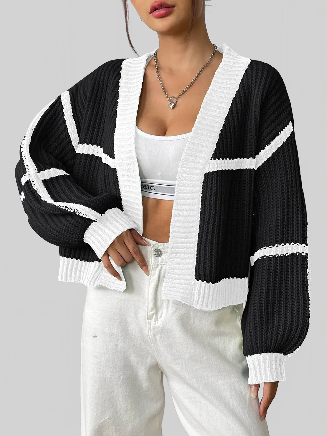 Women Contrast Open Front Long Sleeve Cardigan nicholesgifts