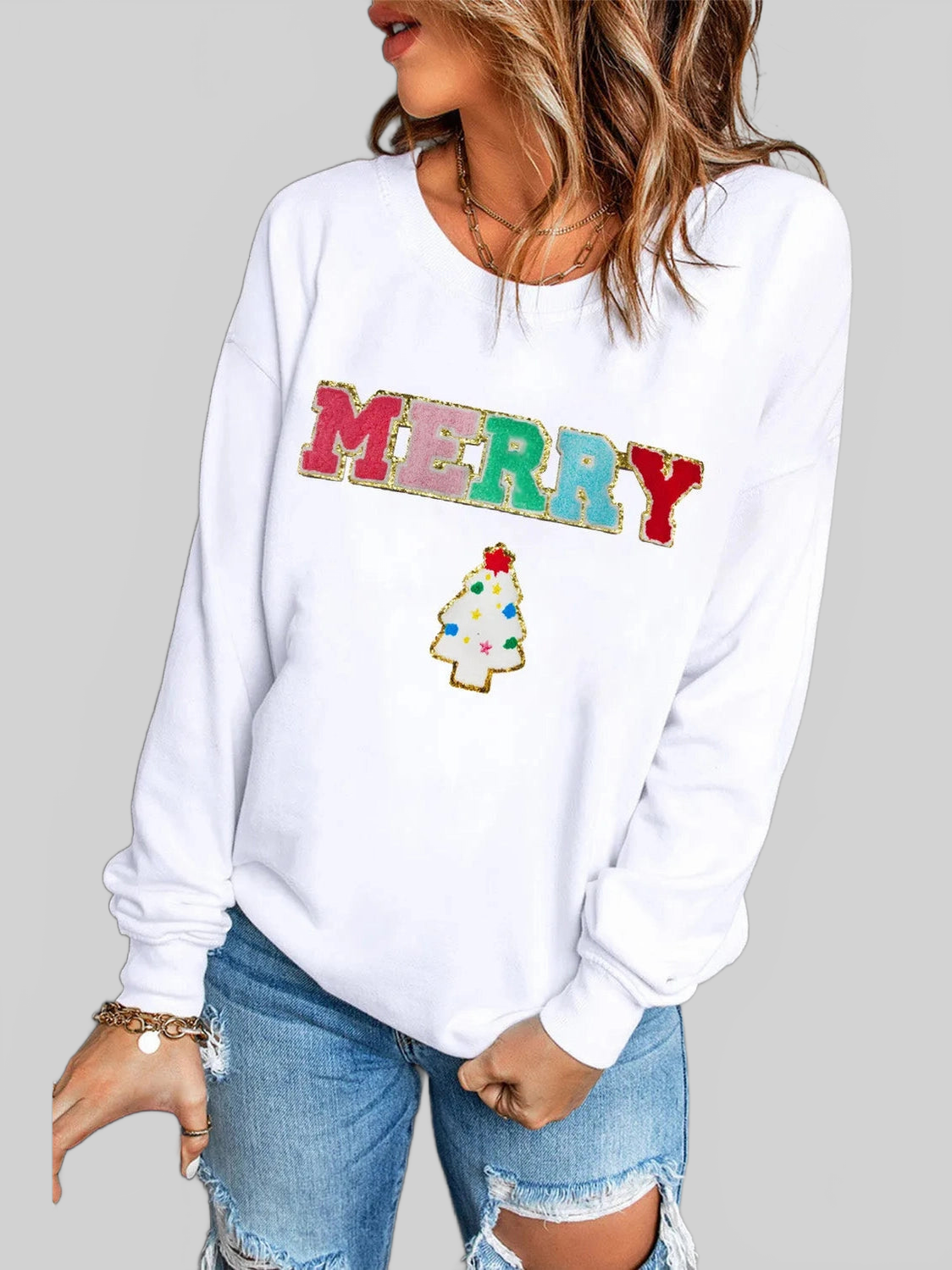 MERRY Round Neck Long Sleeve Sweatshirt nicholesgifts