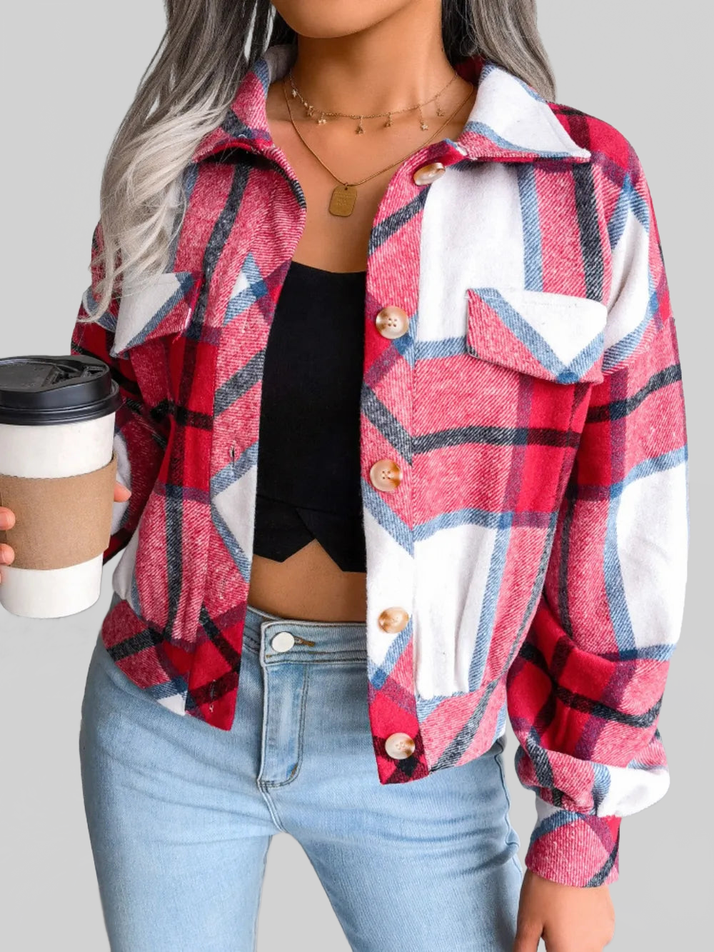 Plaid Collared Neck Long Sleeve Jacket nicholesgifts