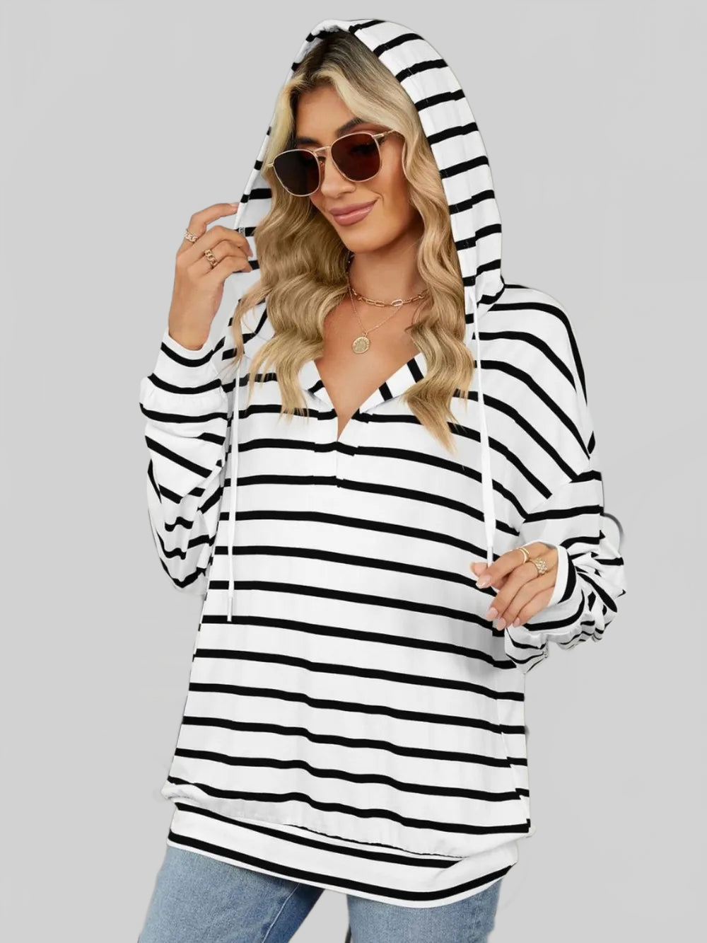 Drawstring Striped Long Sleeve Hoodie NicholesGifts