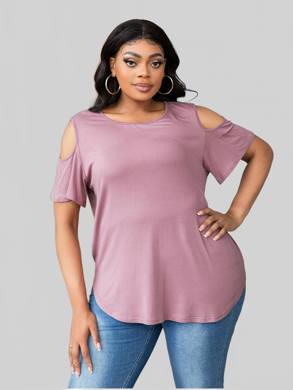 Plus Size Women Dusty Pink Cold-Shoulder Round Neck Curved Hem Top NicholesGifts