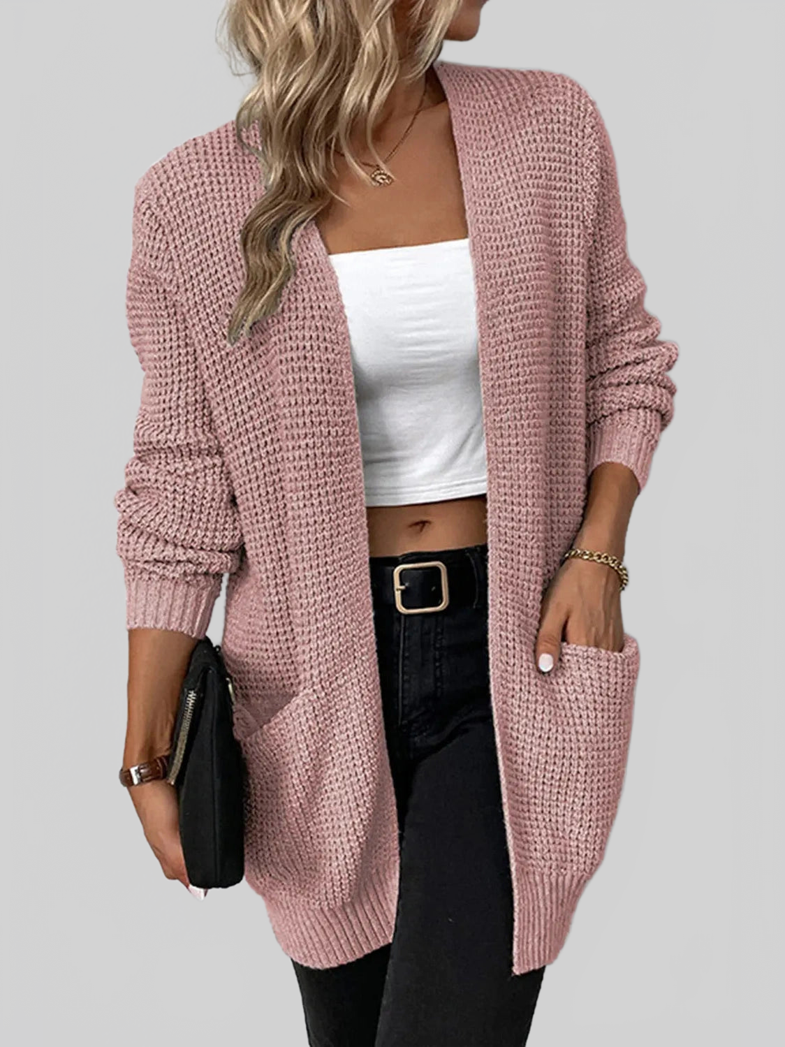 Rib-Knit Open Front Pocketed Cardigan nicholesgifts