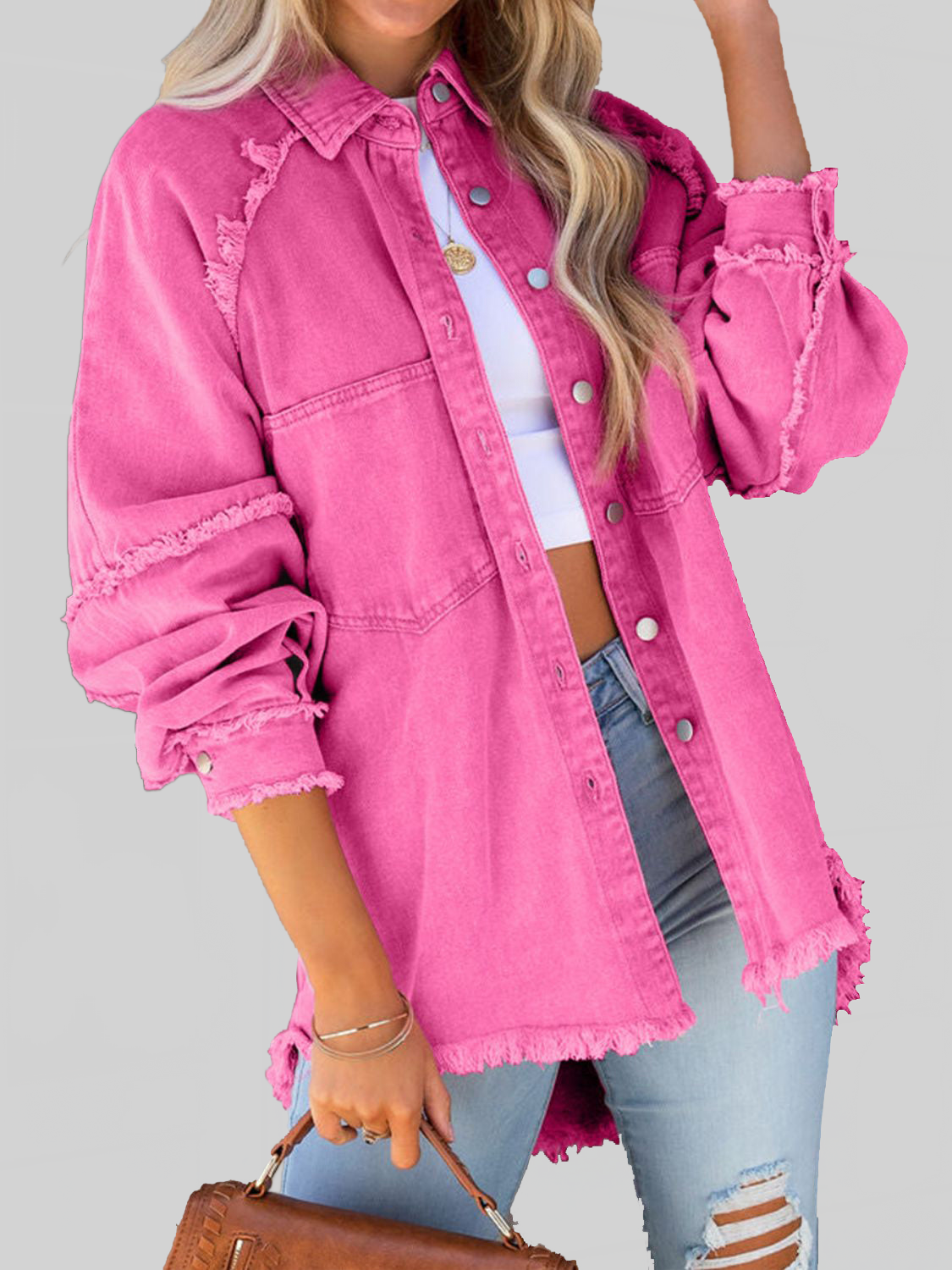 NicholesGifts Women Button Down Raw Hem Denim Jacket NicholesGifts