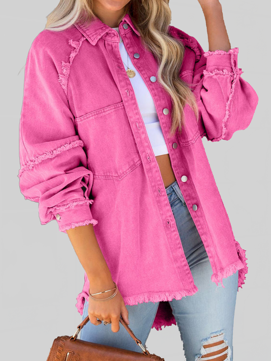NicholesGifts Women Button Down Raw Hem Denim Jacket NicholesGifts