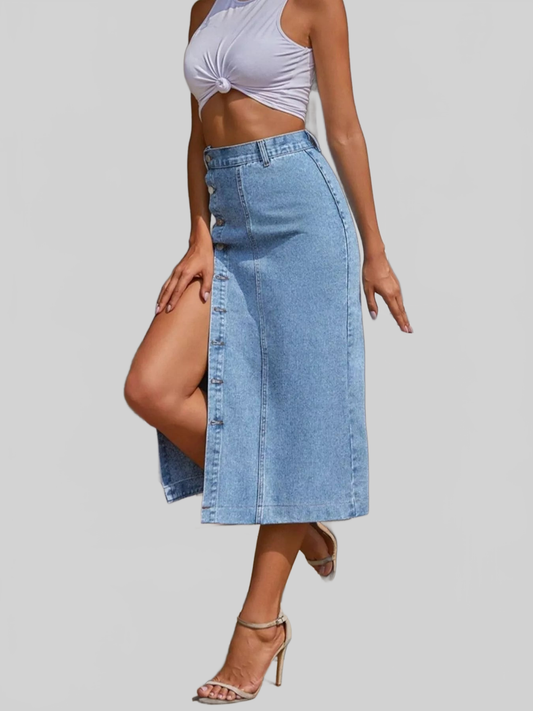 Women Button-Front Denim Skirt nicholesgifts