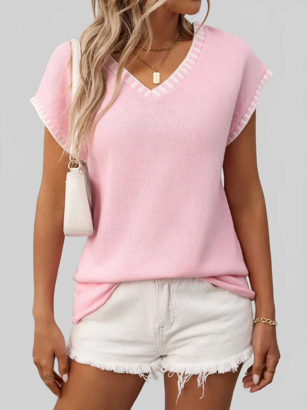 Women Contrast Trim V-Neck Short Sleeve Knit Top nicholesgifts
