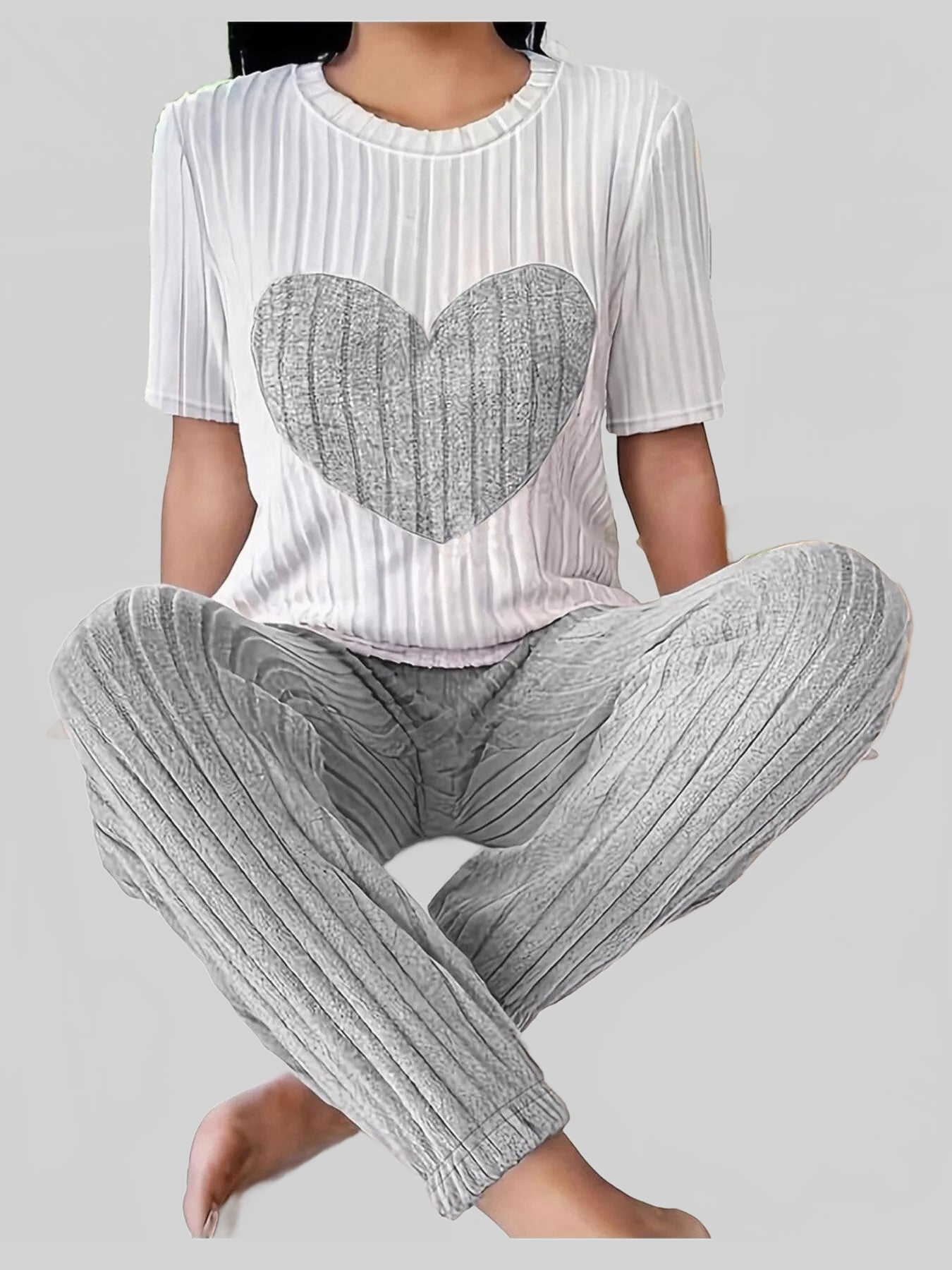 Heart Ribbed Knit Top and Pants Lounge Set nicholesgifts