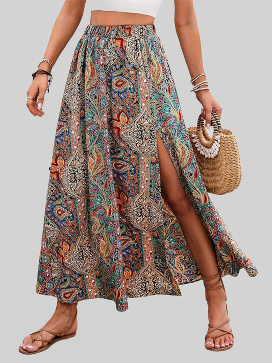 Slit Printed Elastic Waist Skirt nicholesgifts