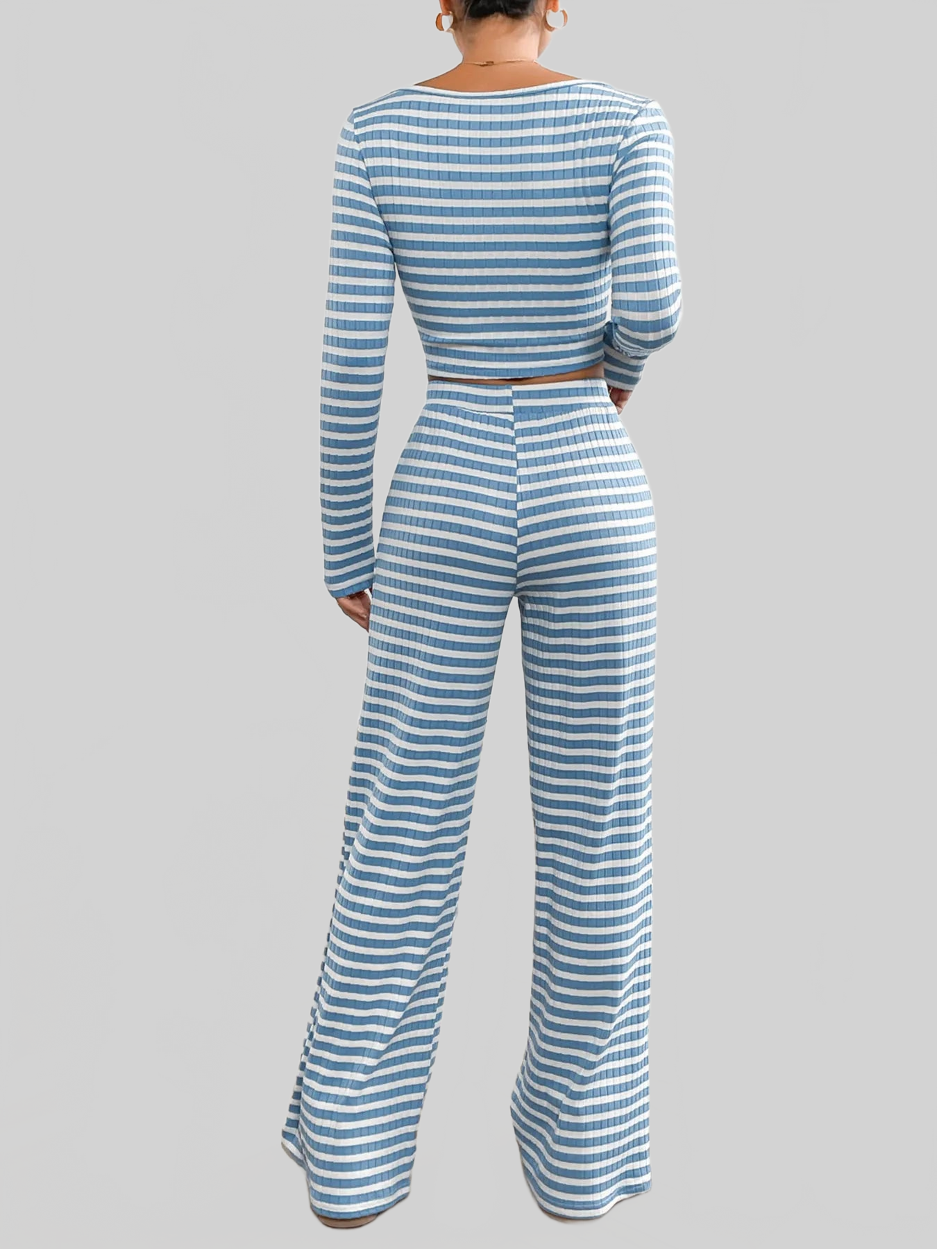 Striped Square Neck Long Sleeve Top and Pants Lounge Set nicholesgifts