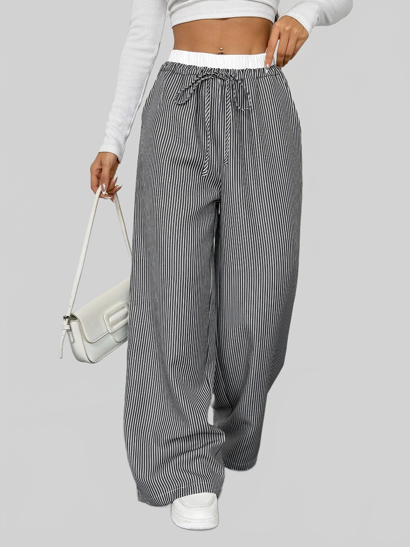 Women Striped Wide Leg Drawstring Pants nicholesgifts